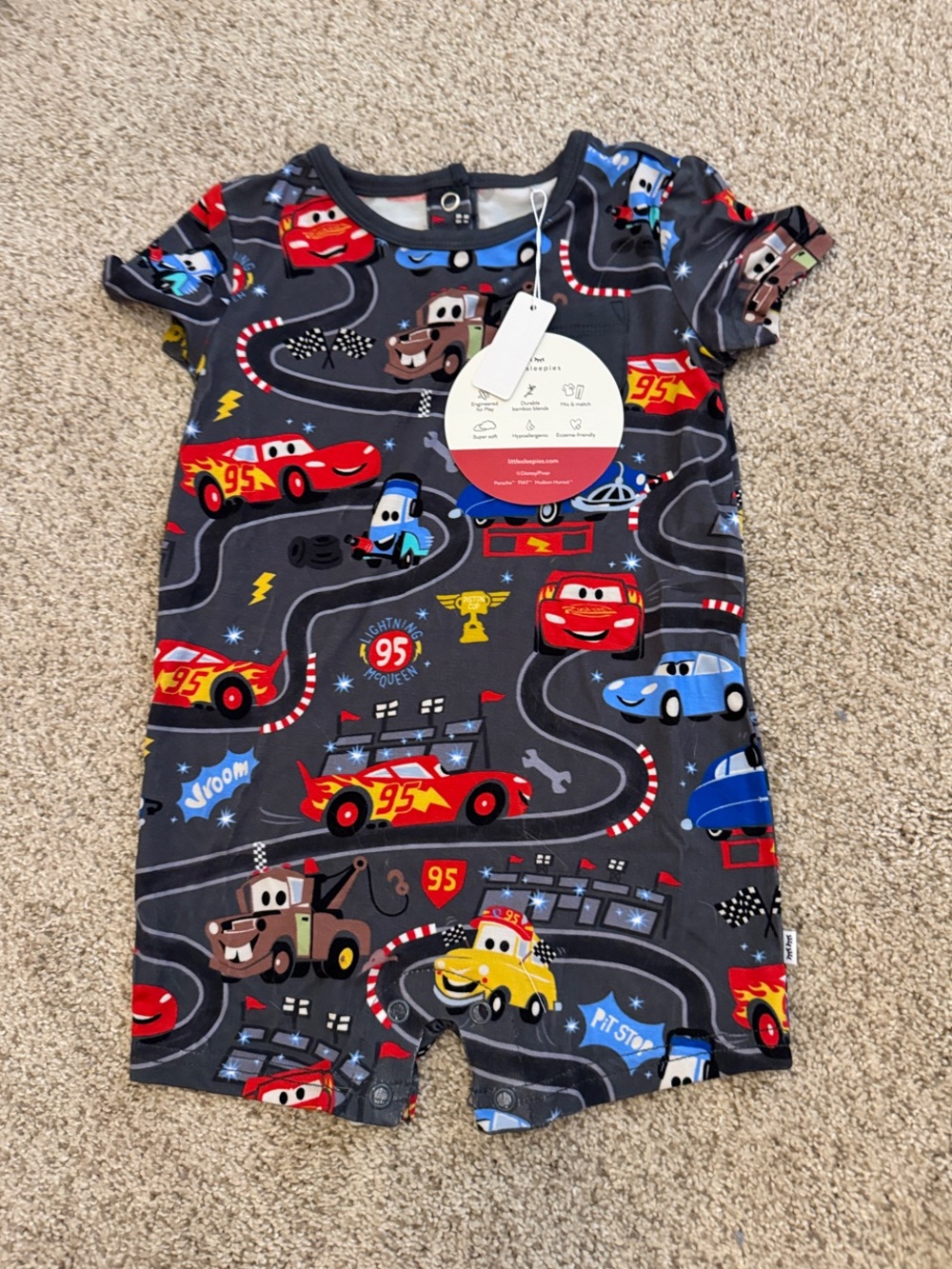 Little Sleepies Gray Cars & Lightning McQueen Short Sleeve Romper